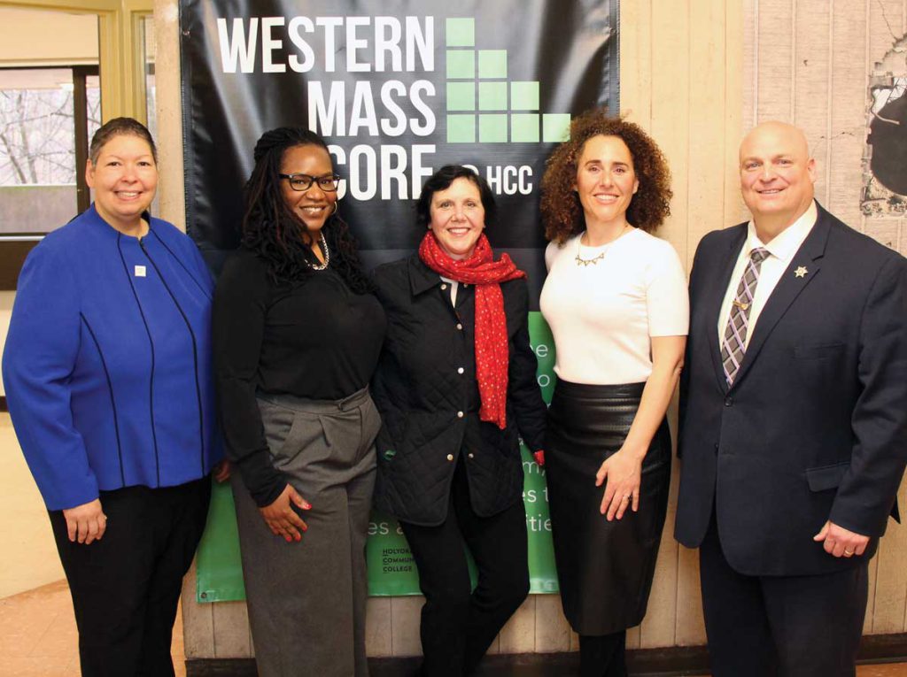 President Christina Royal; Vice President of Academic & Student Affairs Sharale Mathis; professors Mary Orisich and Nicole Hendricks, and Hampden County Sheriff Nick Cocci at the grand opening.