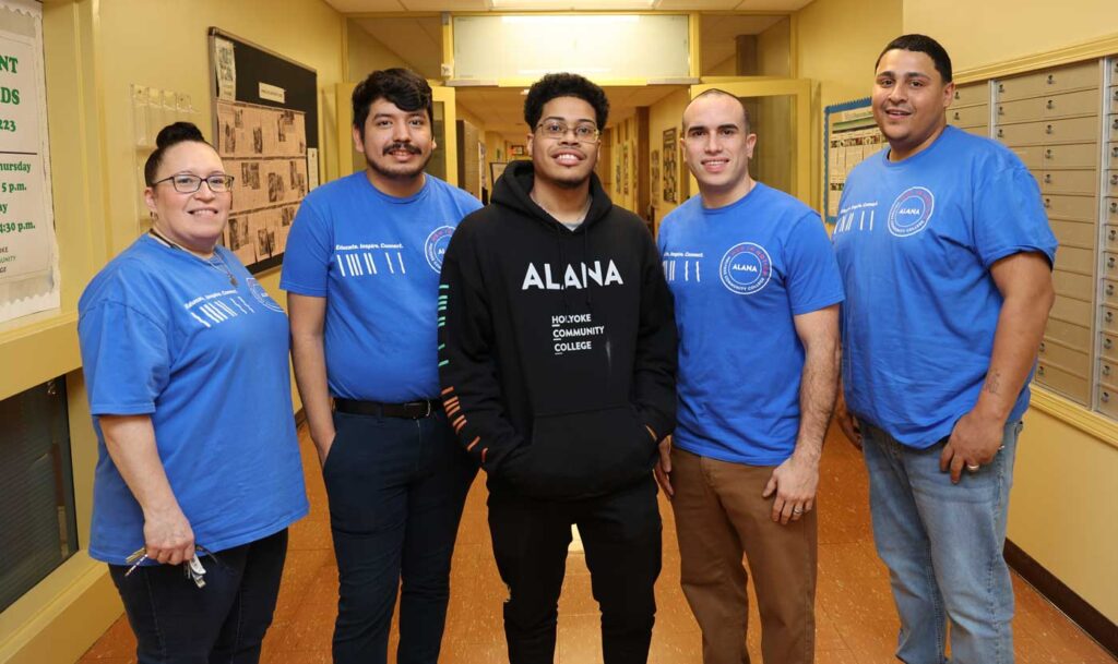 The new faces of ALANA: (left to right) administrative assistant Tina Lengieza; mentor Freddie Hernandez, student Hilario Peralta Jr., director Saúl Caban, and mentor Miguel Velez.