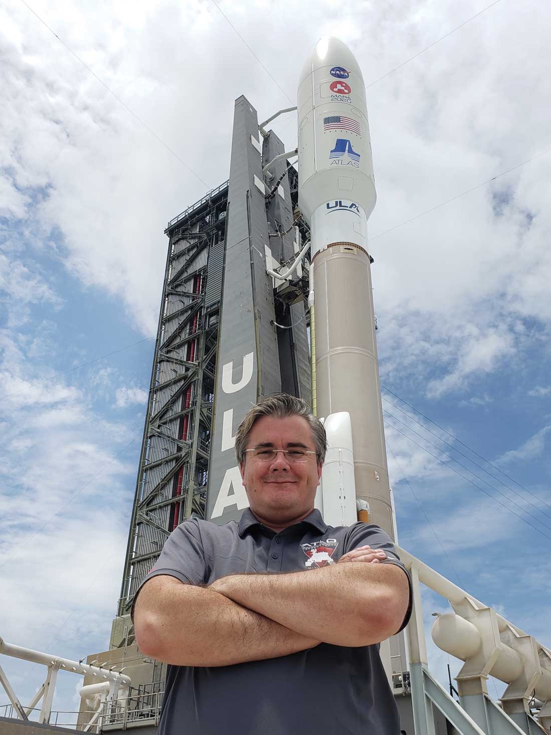 David Gruel stands next to the launchpad at the Kennedy Space Center in Cape Canaveral, Florida, on July 29, 2020, the day before NASA’s Perseverance rover mission launch.