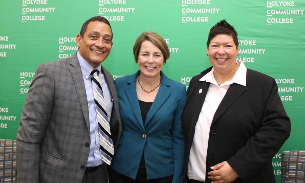 May 2019: President Royal and HCC criminal justice professor Alex Sanchez ’90 welcome then-Attorney General Maura Healey, center, to campus for a tour and talk.