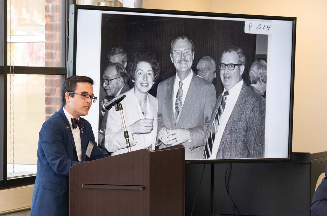HCC student-trustee Barney Garcia ’24 speaks to alumni at the first-ever Holyoke Junior College reunion.
