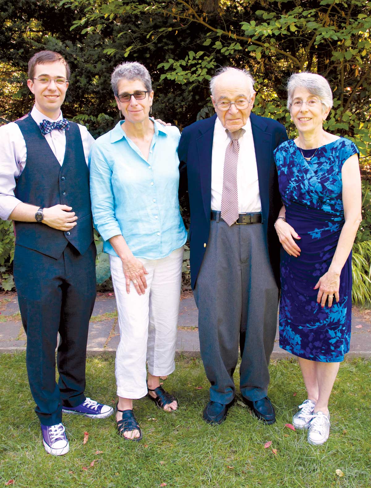 Left to right: Noah Merhar (Elissa’s son), Valerie, Fred Barr, and Elissa at a family gathering in Belmont, Massachusetts
