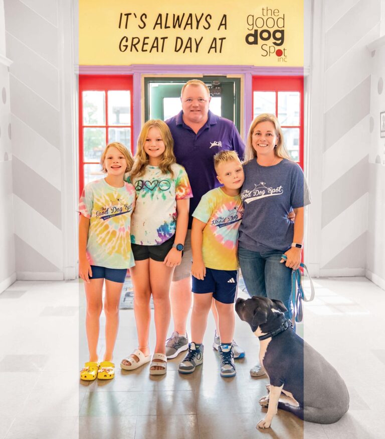 The Staples family poses for a photo: from left to right: Haley, 10, Grace, 12, Corey, Thomas, 8, Elizabeth, and North.
